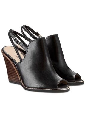 Clarks Sarina Billy Black Leather Peep Open Toe Wedge Sandals Size 7.5